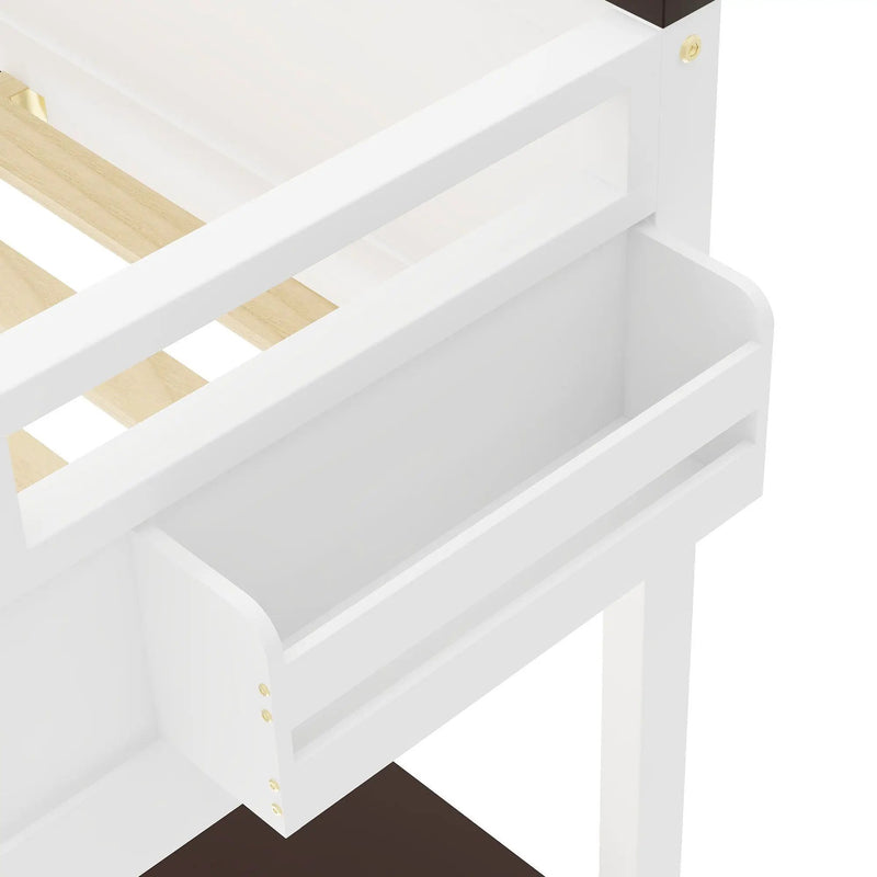 Queen Size Loft Bed With Desk, Open Shelf, Storage Box And USB Charging Station - White by HouseOfZazla