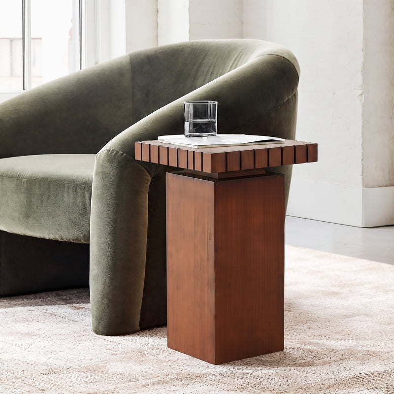 Walnut Wood Square End Table with Pedestal Base - Walnut