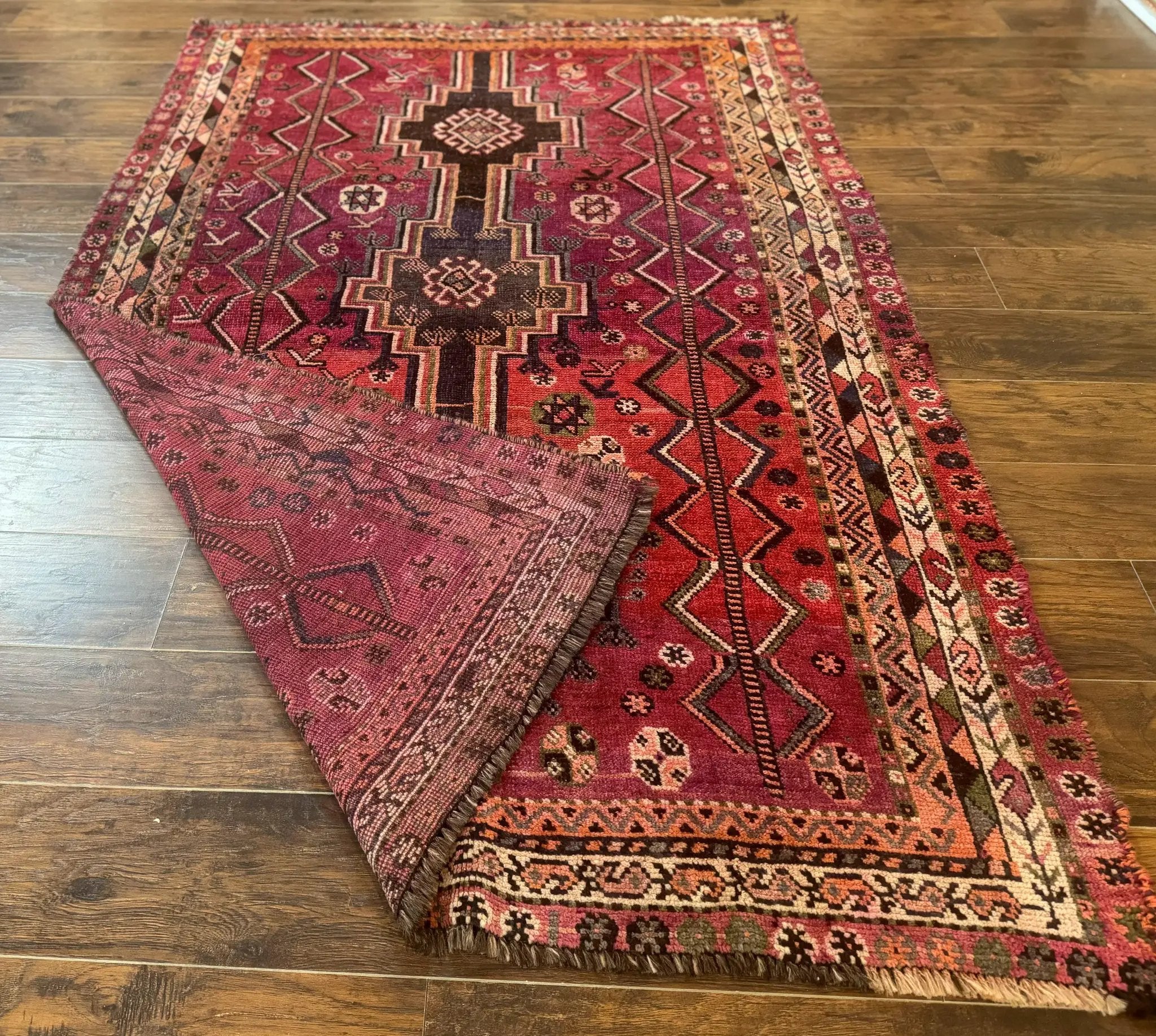 Persian Tribal Shiraz Rug 5x8, Geometric, Raspberry Red and Charcoal, Antique Persian Carpet by Jewel Rugs