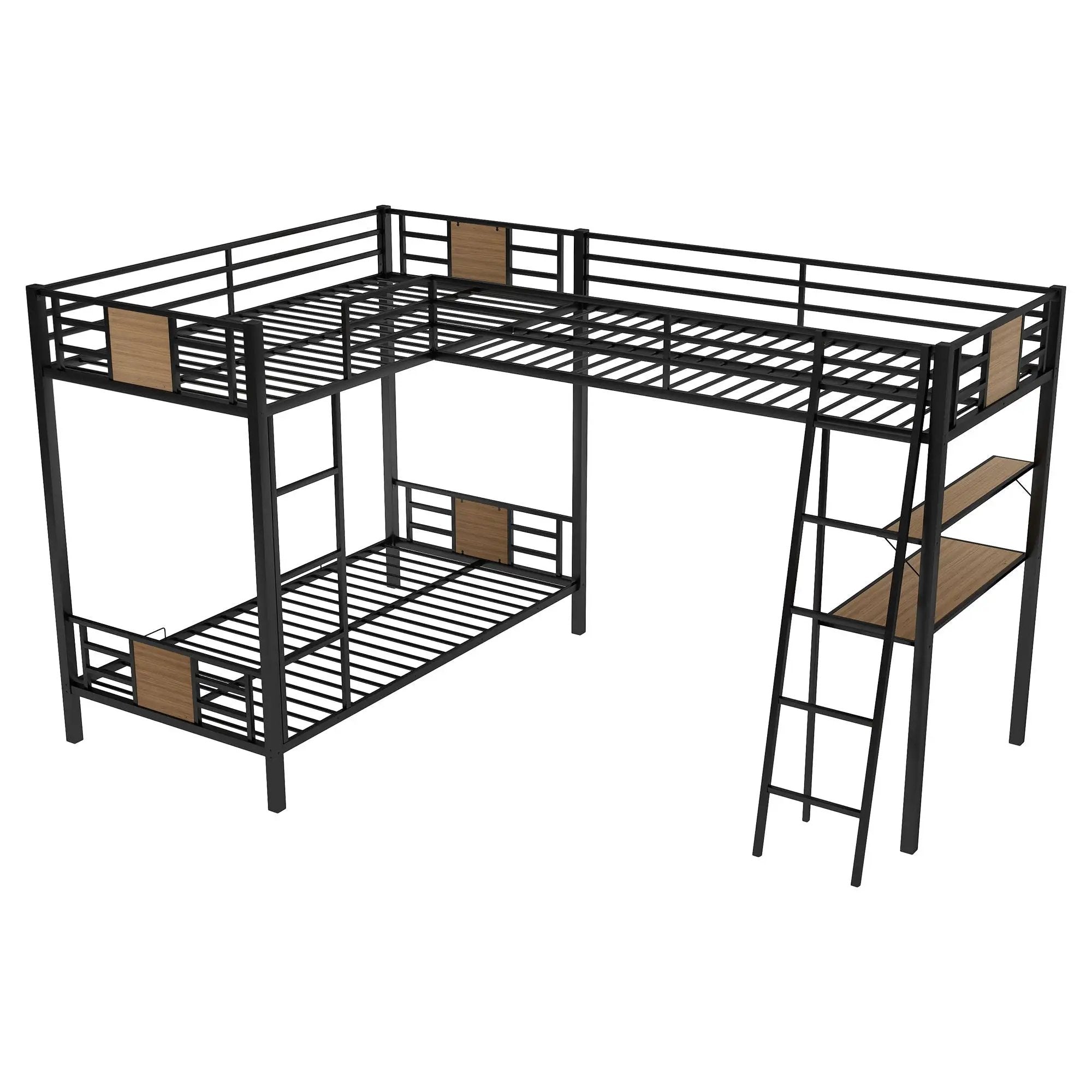 L-Shaped Twin Over Twin Bunk Bed With Twin Size Loft Bed With Desk And Shelf - Brown by Unique Piece Furniture