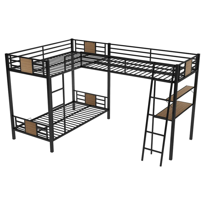 L-Shaped Twin Over Twin Bunk Bed With Twin Size Loft Bed With Desk And Shelf - Brown by Unique Piece Furniture