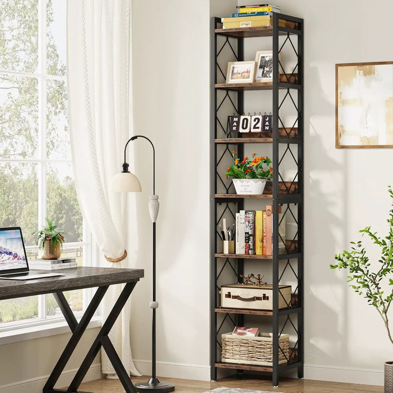 Extra Tall 7 Tier Narrow Corner Bookshelf Storage Display Rack For Living Room - Rustic Brown by HouseOfZazla