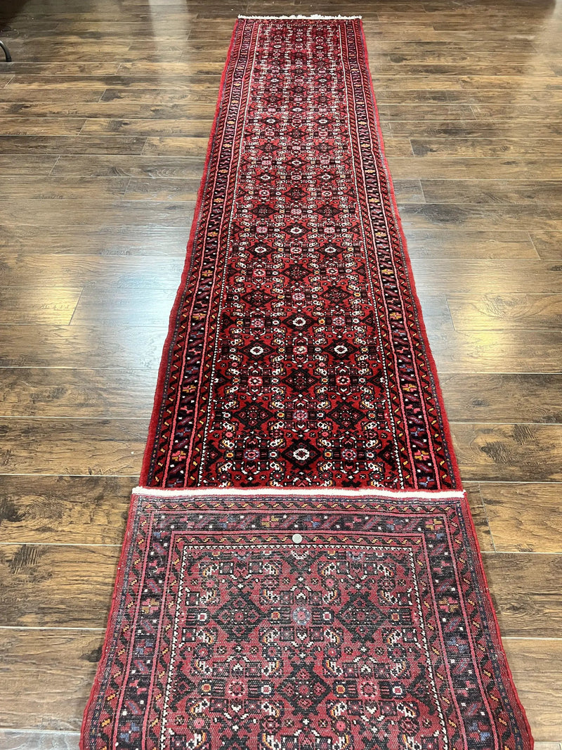 Persian Runner Rug 3 x 16, Wool Handmade Long Antique Hamadan Oriental Rug for Hallway, Red Tribal Rug, Allover Pattern, 3x16 Runner Rug by Jewel Rugs