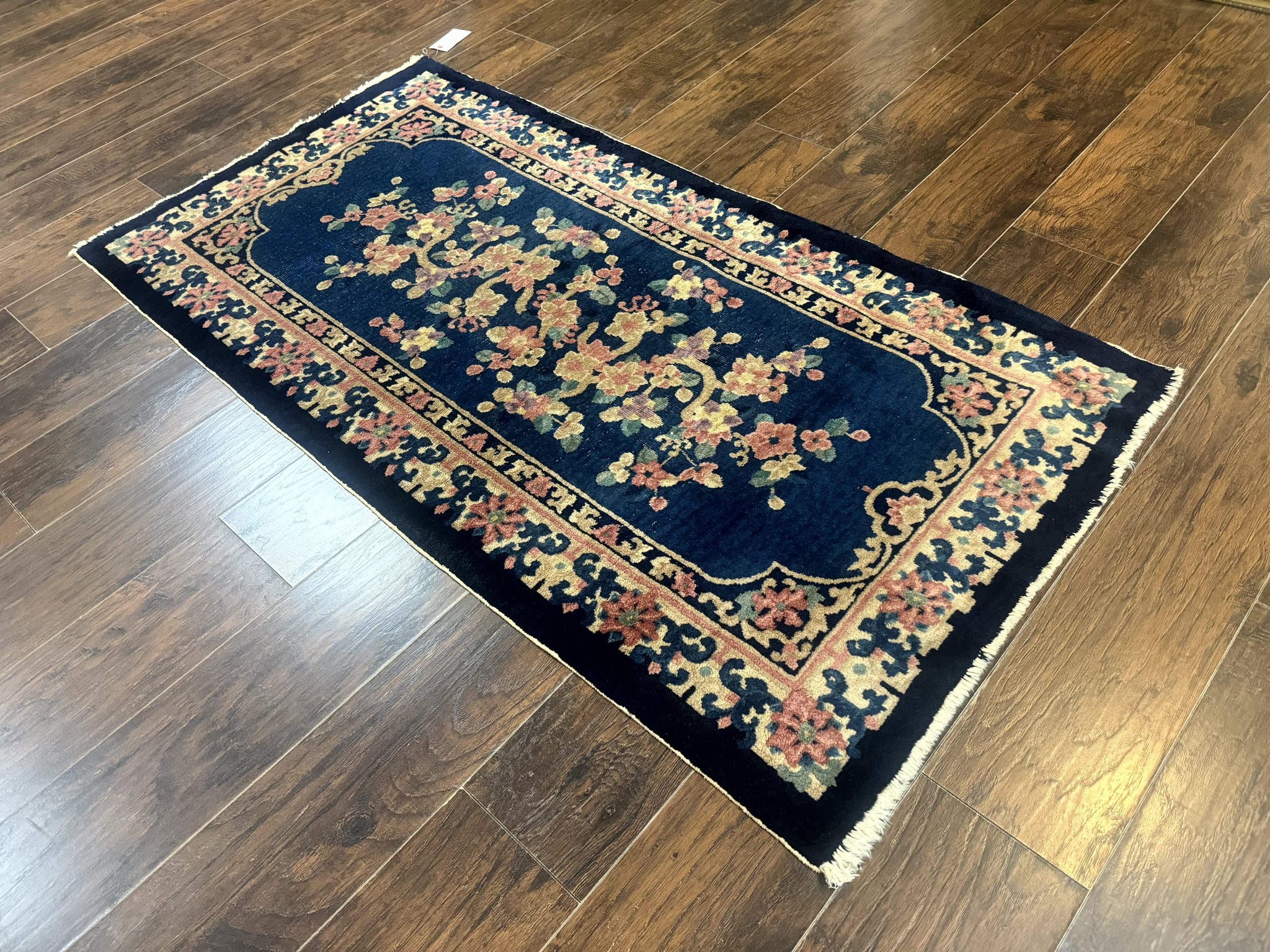 Blue and Beige Chinese Wool Rug 3x6, Chinese Fete Rug, Peking Rug, Antique Chinese Carpet by Jewel Rugs