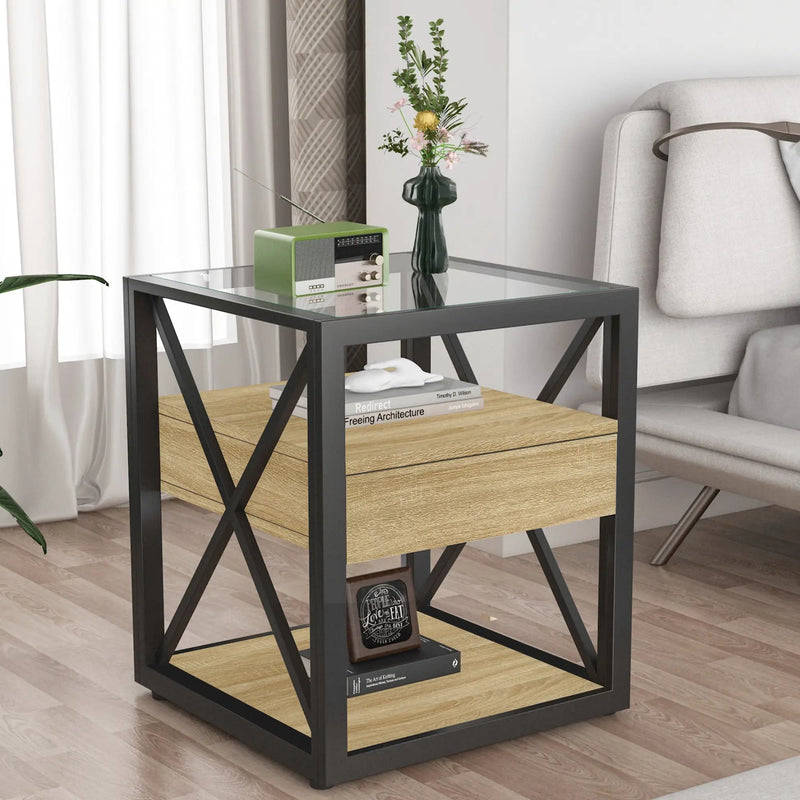 1 Piece Modern End Table with Drawer - Natural Wood & Tempered Glass by HouseOfZazla