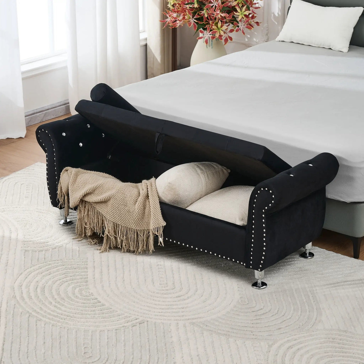 Storage Bench With Crystal Buttons And 1 Pillow For Bedroom by HouseOfZazla