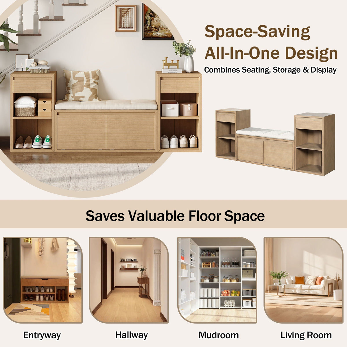 Entryway Storage Bench With Cushion, Drawers & Open Shelves, photo 15 of 25