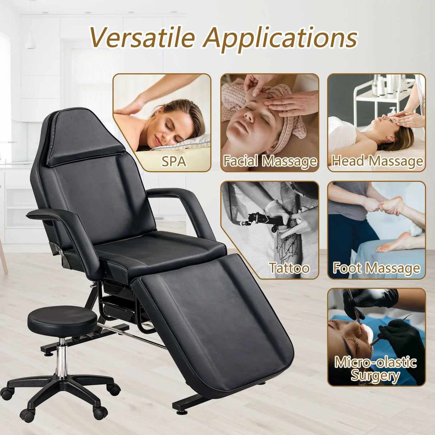72.8" Massage Salon Tattoo Chair With Two Trays Esthetician Bed With Hydraulic Stool, Multi-Purpose 3-Section Facial Bed Table, Adjustable Beauty Barber Spa Beauty Equipment by HouseOfZazla