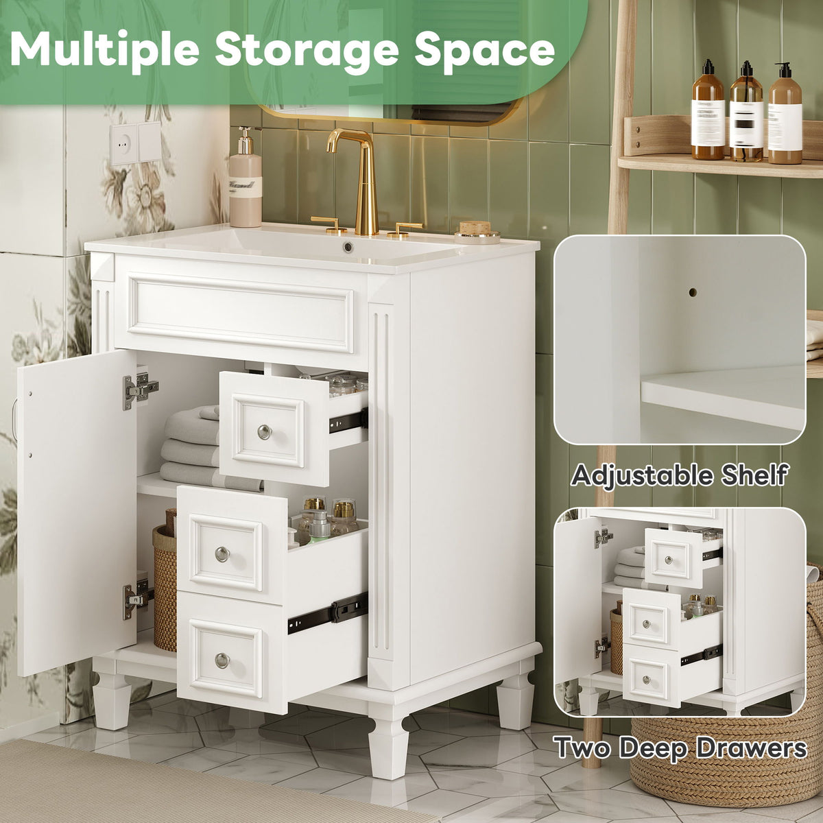 Bathroom Vanity With Sink, Compact Cabinet & 2 Drawers And Adjustable Shelf, photo 30 of 40