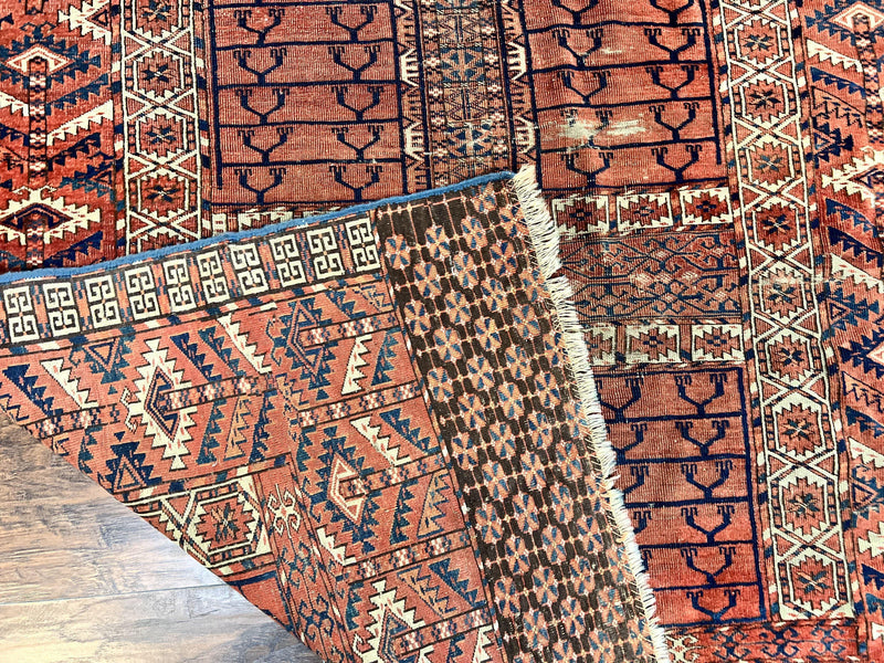 Antique Turkoman Rug 4x4, Hatchli Square Carpet, Wool Handmade Four Season Yamud Design Rug, Red Bohemian Tribal Rug, Engsi Tekkeh Rug by Jewel Rugs