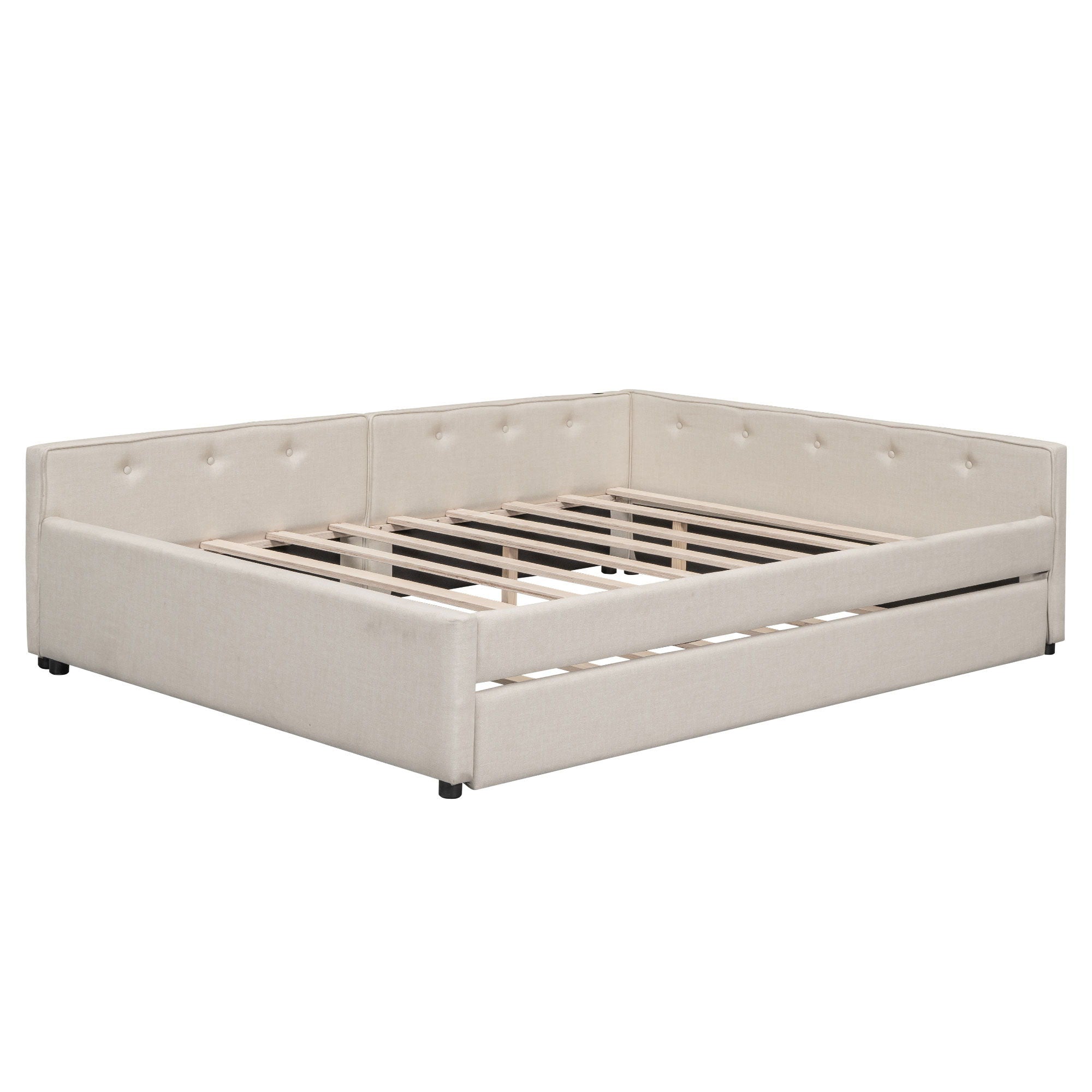 Queen Size Upholstered Platform Bed With USB And Twin Trundle - Beige by HouseOfZazla