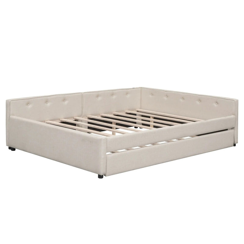 Queen Size Upholstered Platform Bed With USB And Twin Trundle - Beige by HouseOfZazla