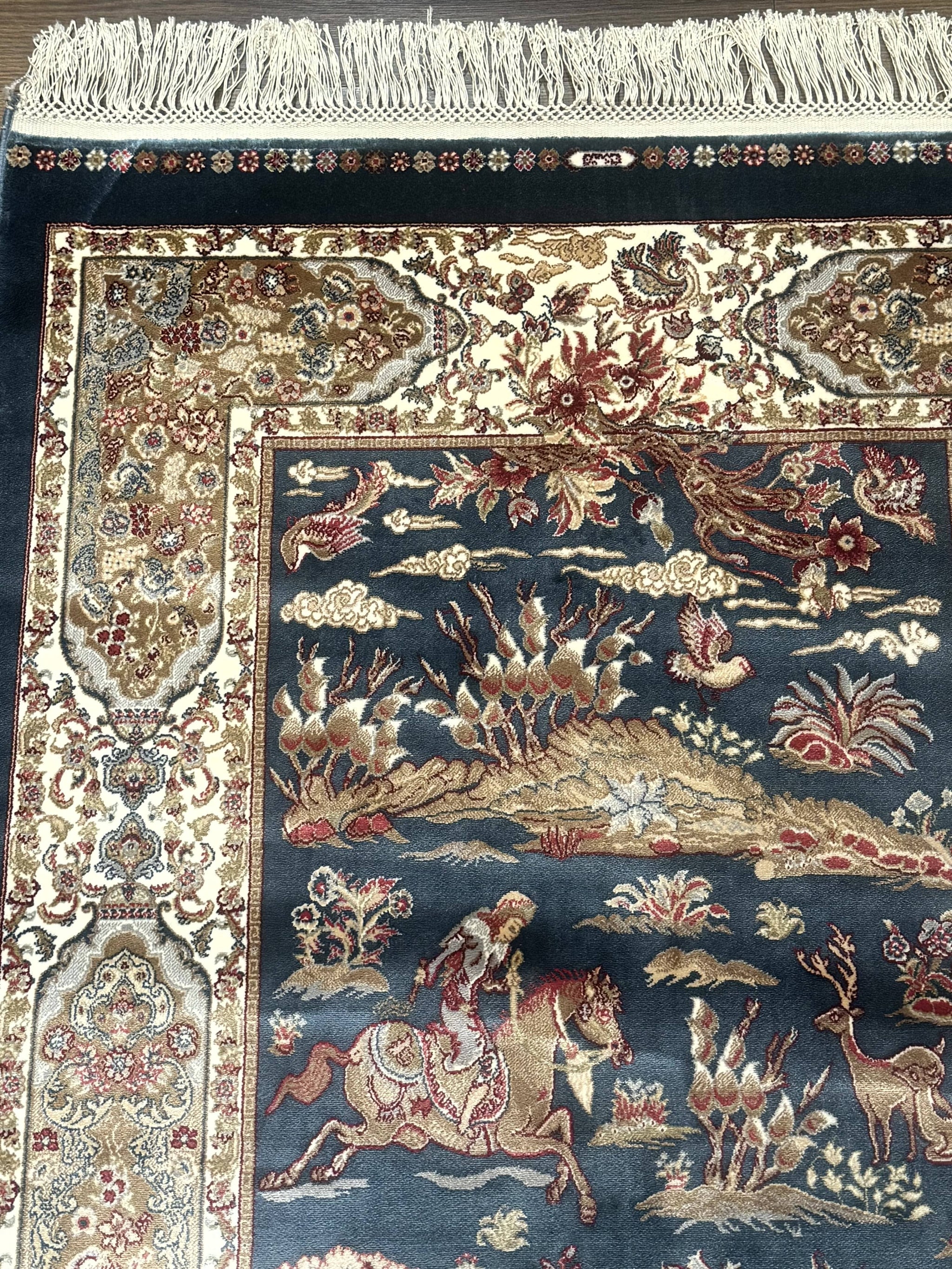 Turkish Silk Hunting Scene Rug 2.6 x 5, Dark Steel Blue & Ivory, Bamboo Silk, New by Jewel Rugs