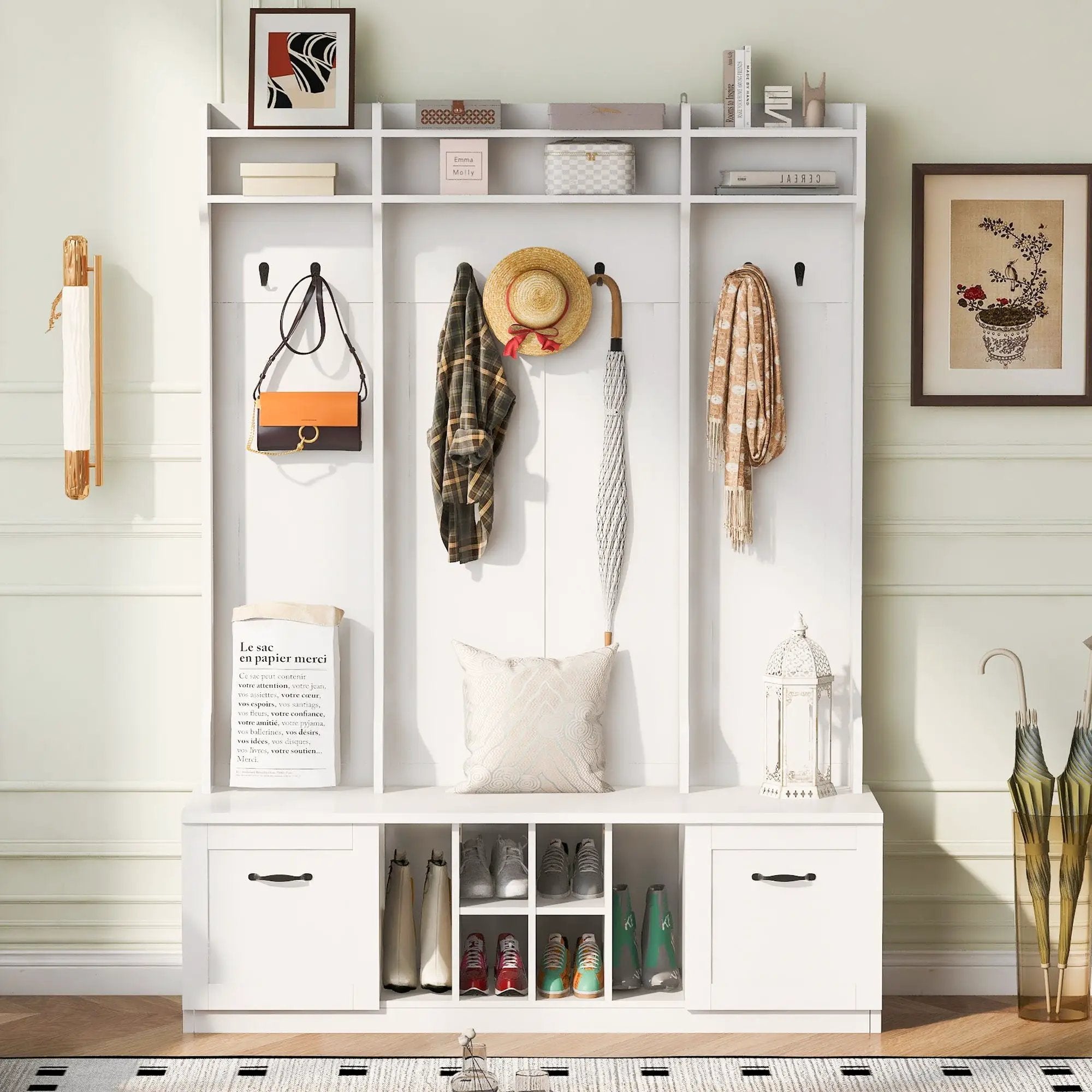 5 In 1 Entryway Bench With Coat Rack, 7 Sturdy Hooks, 2 Spacious Drawers And Adjustable Shelves by HouseOfZazla