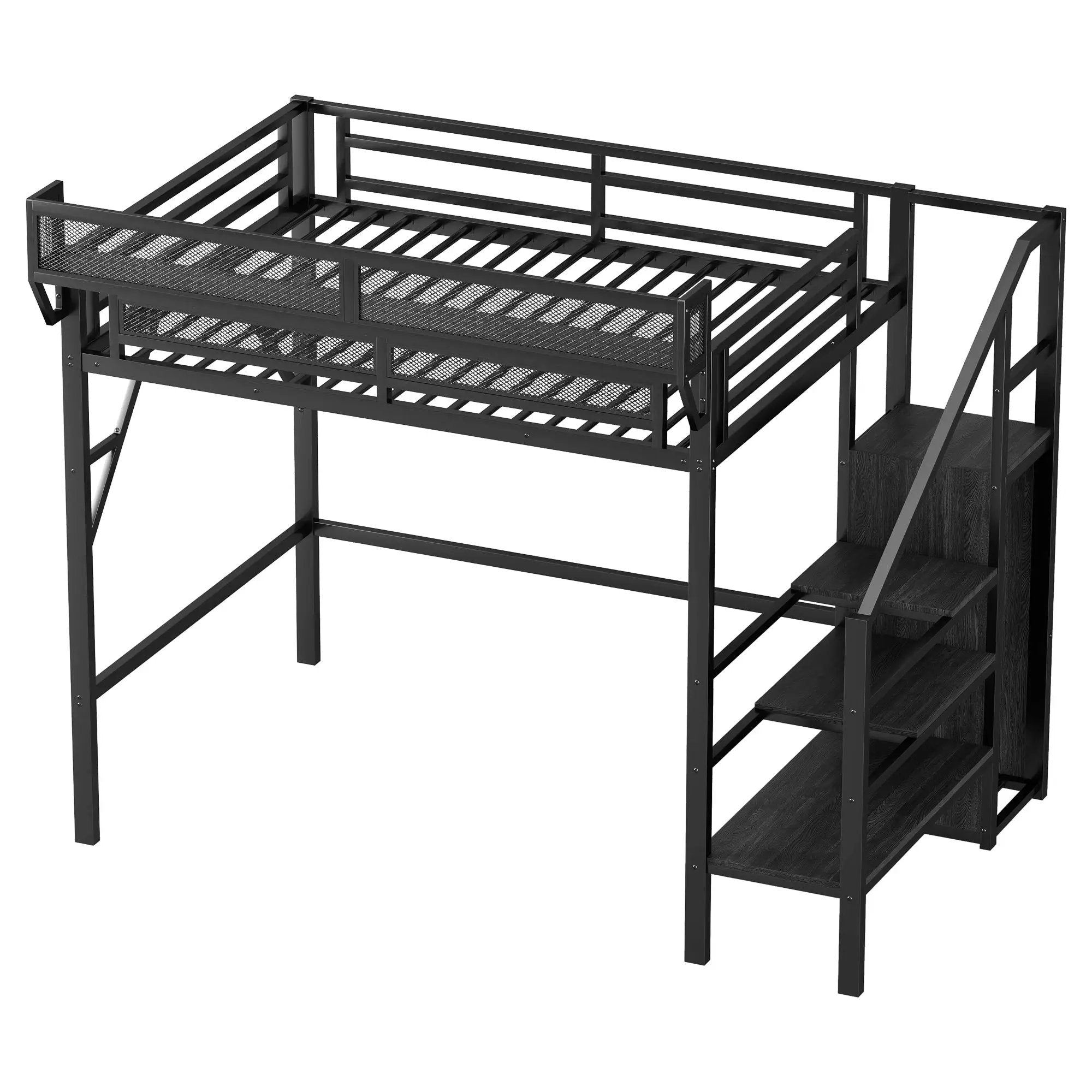 Twin Size Loft Bed with Stairs, Metal Full Loft Bed with Storage Shelves by HouseOfZazla