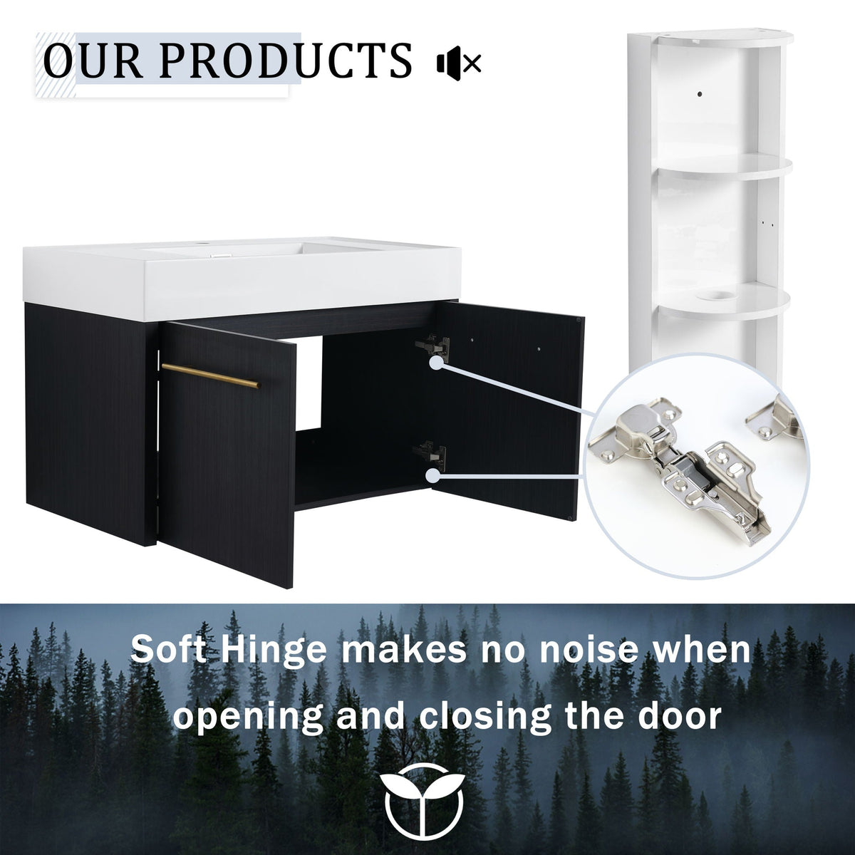 Modern Wall Mounted Bathroom Vanity With Thick Edge Resin Sink And Storage Rack, photo 17 of 21