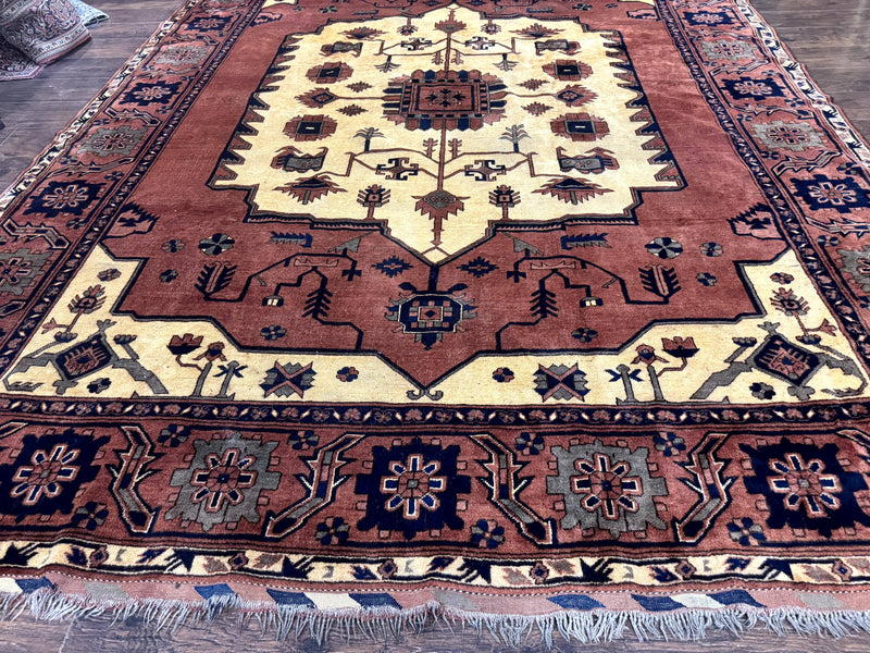 Afghan Heriz Rug 9x12, Tribal Geometric Serapi Carpet, Rust Cream and Navy, Wool on Wool by Jewel Rugs