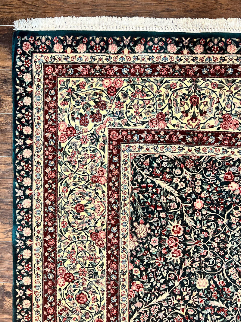 Large Sino Persian Rug 10x14, Wool Hand Knotted Vintage Carpet, Dark Green & Beige, Kirman Floral Rug, Fine Weave, Traditional, Large by Jewel Rugs