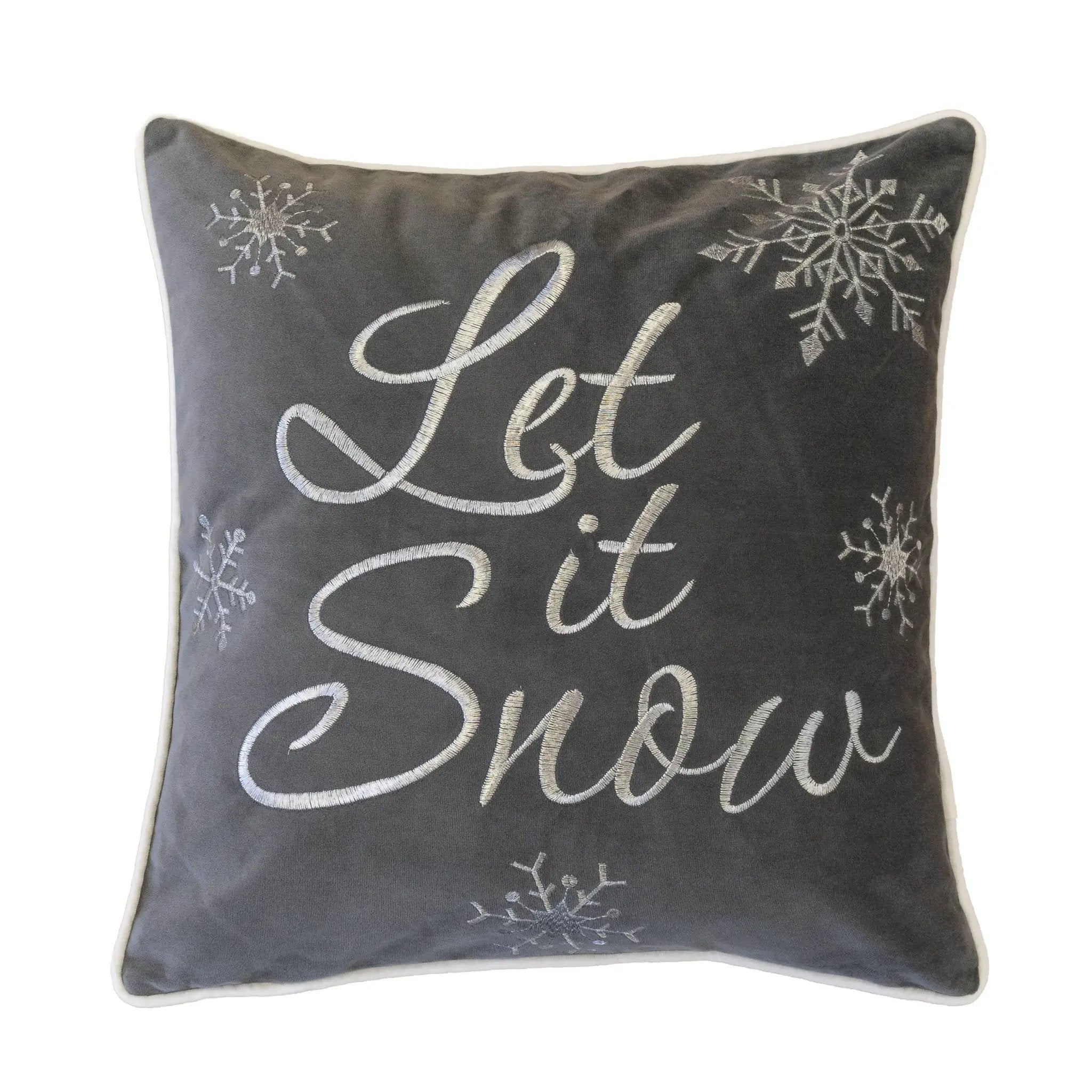 Let It Snow Embroidered Cotton Throw Pillow – 20x20 Gray Winter Accent Cushion by HouseOfZazla