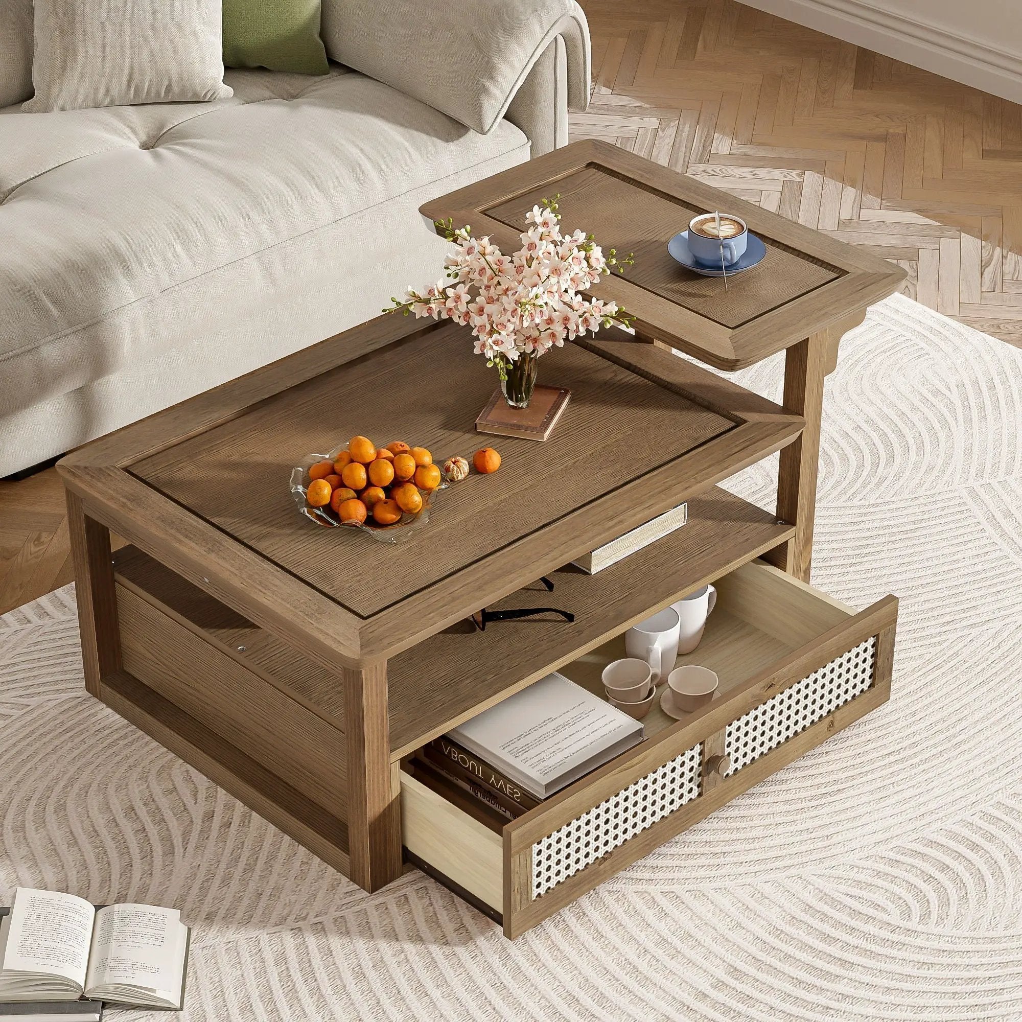 Coffee Table With 1 Storage Shelf, 2 Tabletops And 1 Rattan Drawer by HouseOfZazla