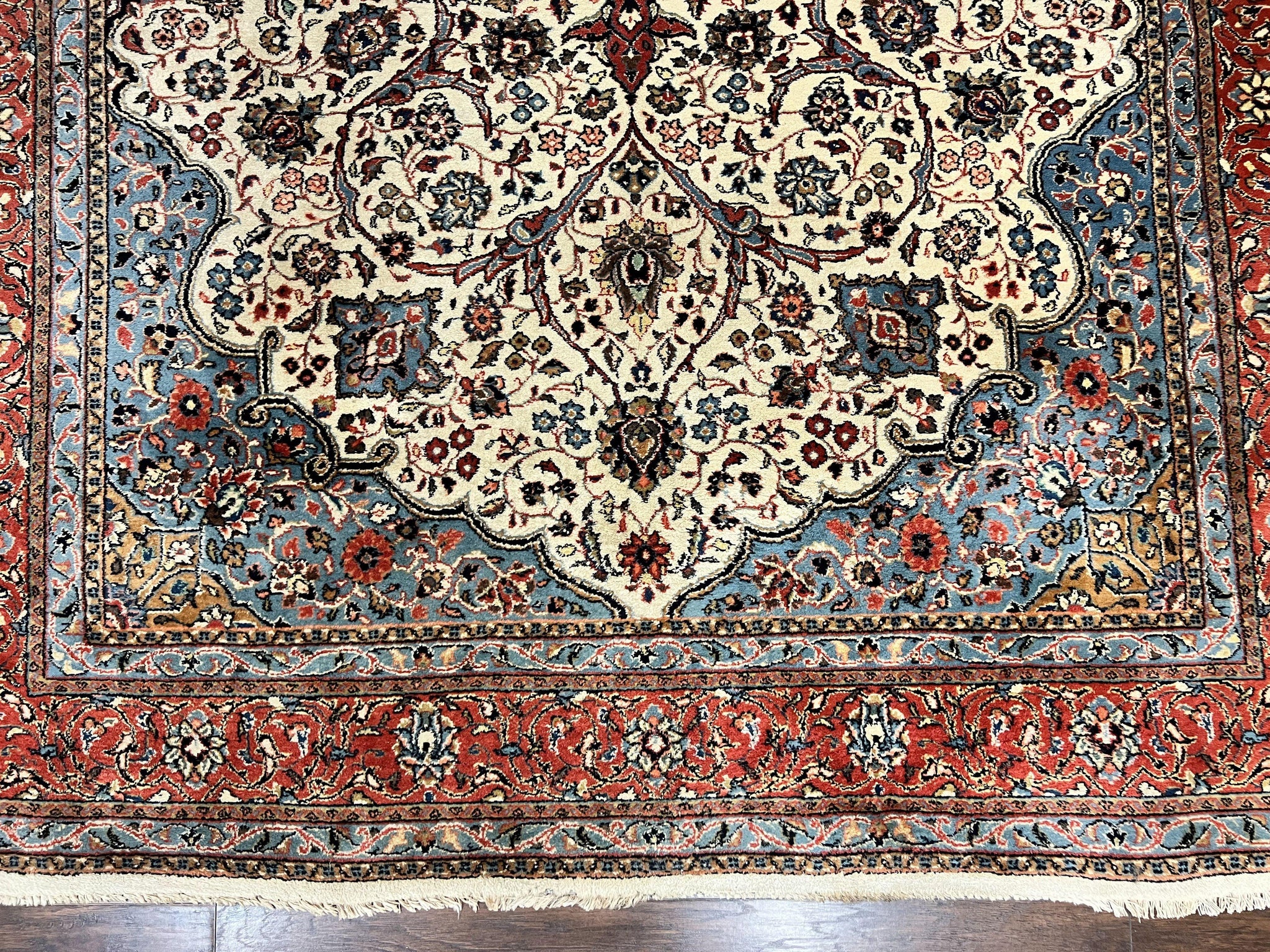 Persian Sarouk Rug 8x12, Wool Hand Knotted Antique Carpet, Floral Medallion, Cream Red, Traditional Oriental Rug by Jewel Rugs