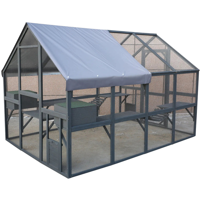 Spacious Wooden Cat Catio Outdoor Kitty House With Bridges And Roof Cover - Gray by HouseOfZazla