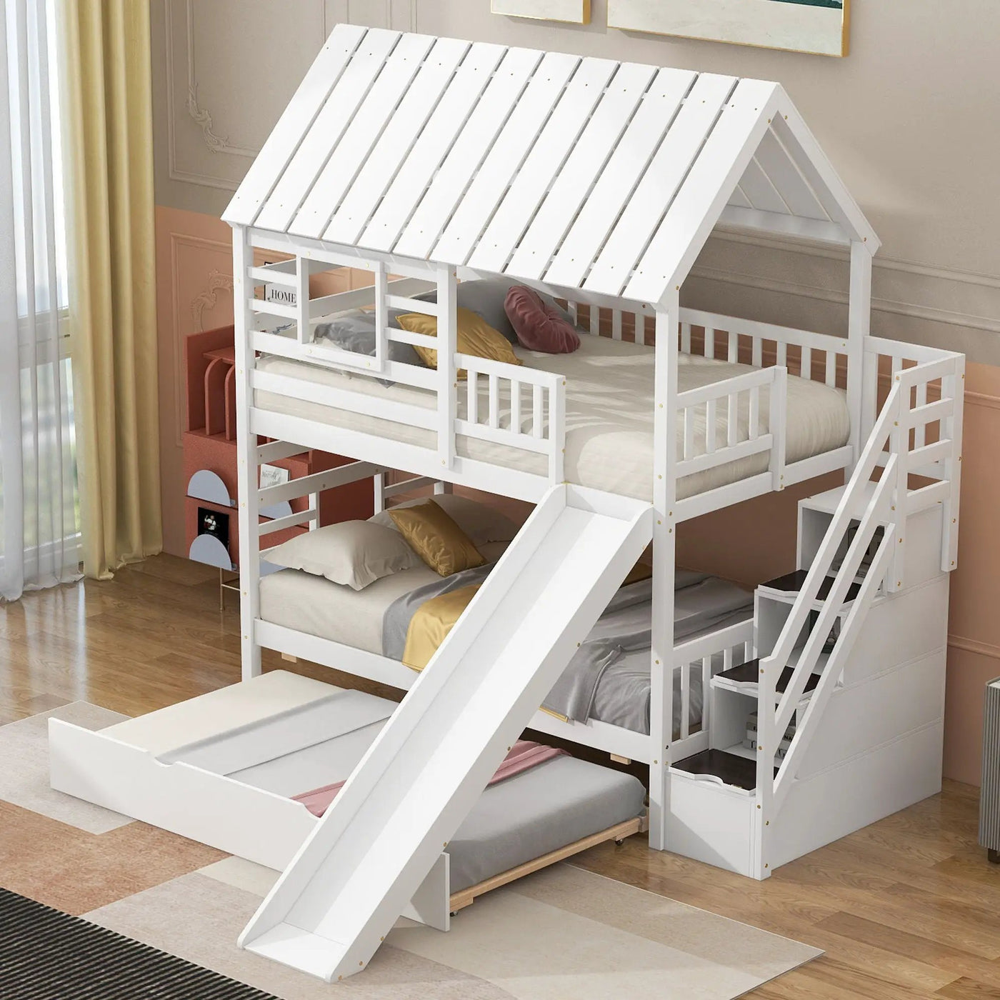 House Bunk Bed With Trundle, Storage Staircase, Roof And Window Design by Unique Piece Furniture
