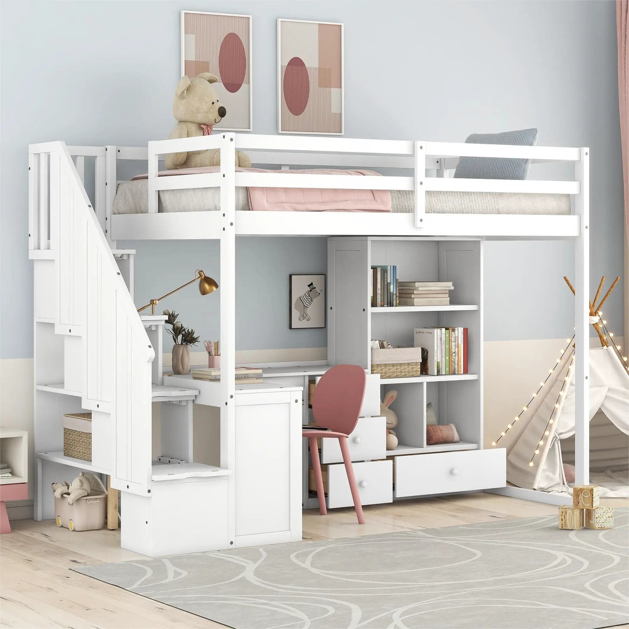 Loft Bed With L Shaped Desk, Drawers, Cabinet, And Storage Staircase by Unique Piece Furniture