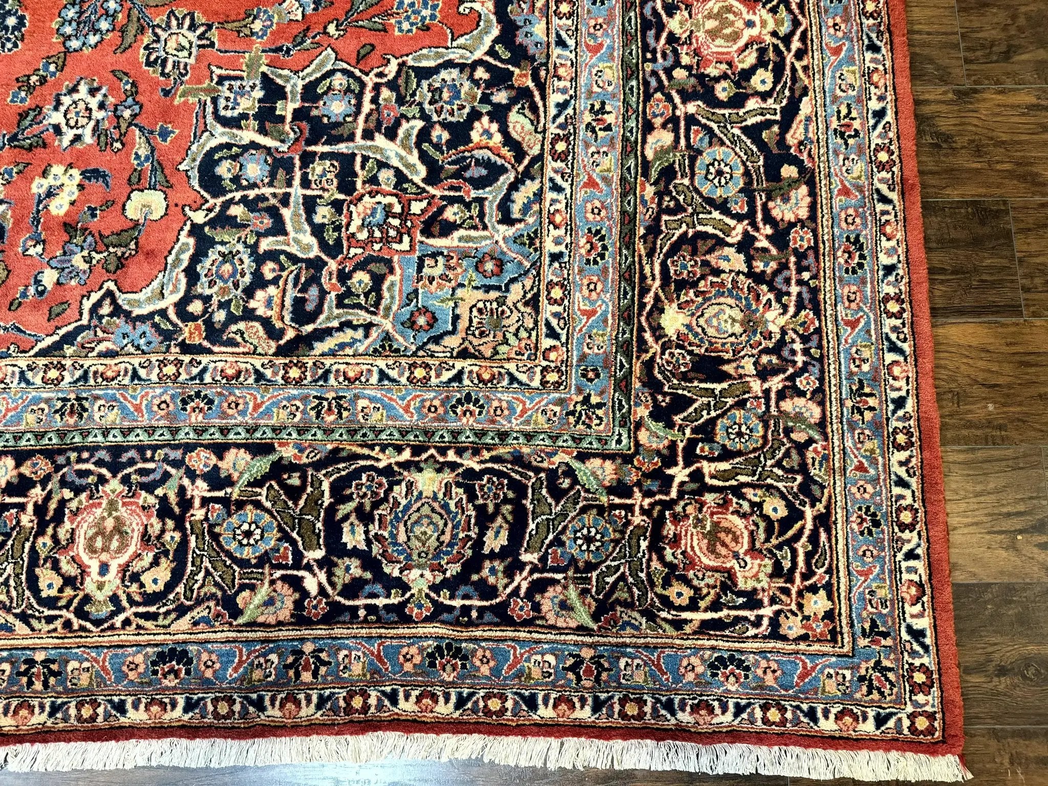 Red Persian Kashan Rug 10x14, Hand-Knotted Semi Antique Floral Medallion Handmade Wool Carpet, Red & Navy Blue by Jewel Rugs
