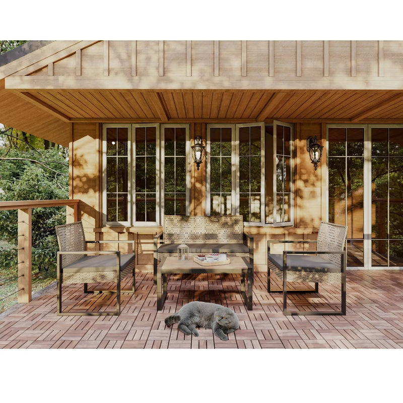 4 Piece Patio Furniture Set With Acacia Wood Table Top And Cushions by HouseOfZazla