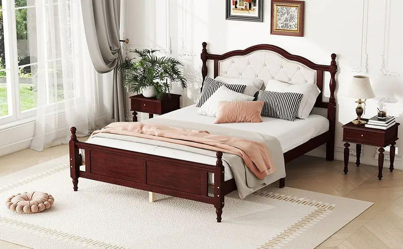 Pine Wooden Bed With Upholstered Headboard And Panel Footboard, With Two Bed Rail Support Feet And Central Platform Support Feet by Unique Piece Furniture