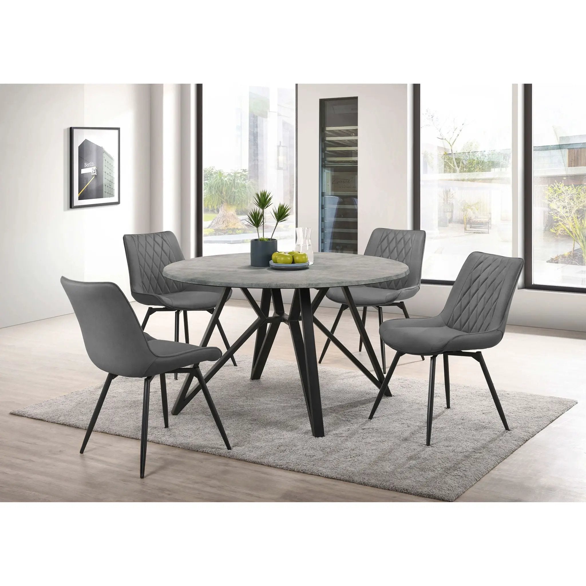Vellux - 5 Piece Round Dining Table Set With Concrete Top Upholstered Chairs - Gunmetal by HouseOfZazla
