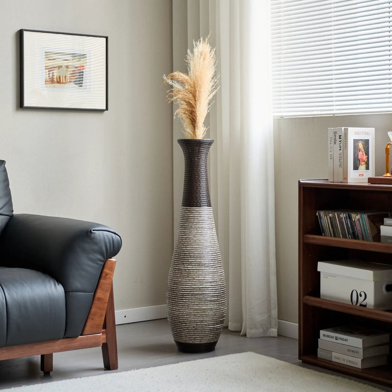 Tall Standing Designer Floor Vase Durable Artificial Rattan Elegant 2 Tone Finish Ideal Decor Accent For Living Room, Bedroom, Entryway Stylish Home Decor Statement Piece - Black / Gray by HouseOfZazla