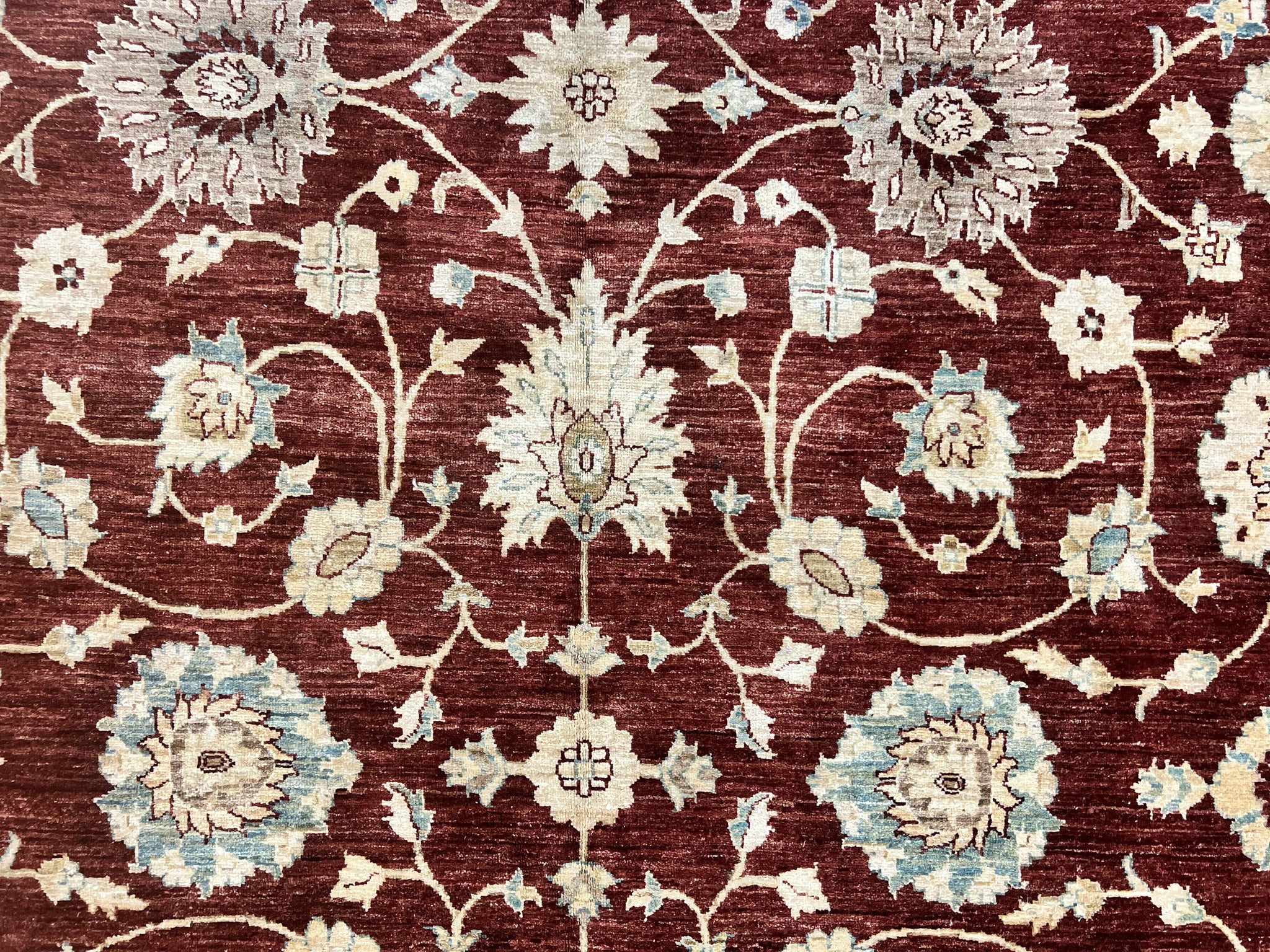 Peshawar Rug 9x11, Pakistani Oriental Carpet, Maroon and Beige, Floral Allover, Wool Hand Knotted Handmade Vintage Rug by Jewel Rugs