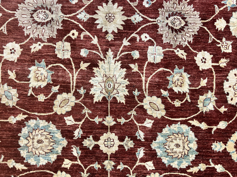 Peshawar Rug 9x11, Pakistani Oriental Carpet, Maroon and Beige, Floral Allover, Wool Hand Knotted Handmade Vintage Rug by Jewel Rugs