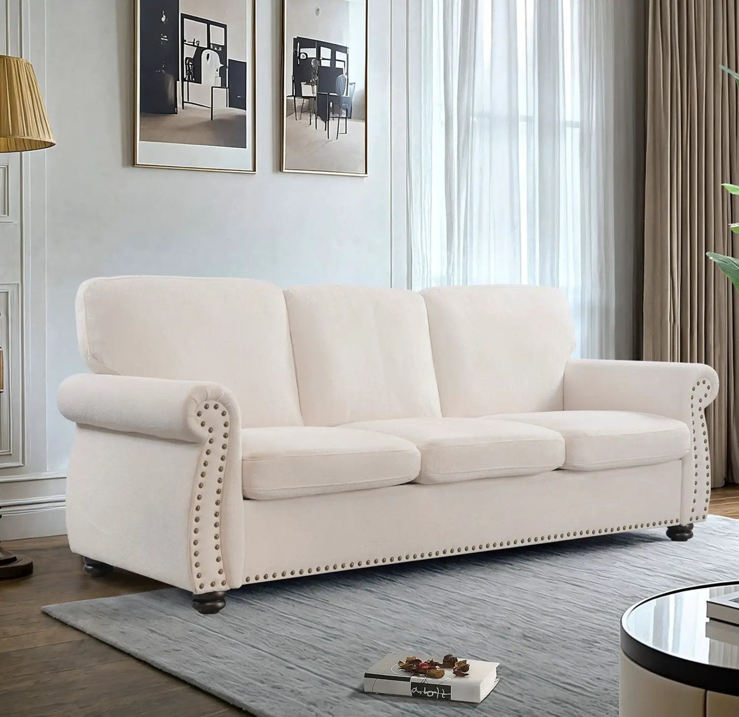 Soft Sofa, Upholstered 3 Seater Couch With High Density Foam, Loose Back Cushions And Turned Legs by HouseOfZazla