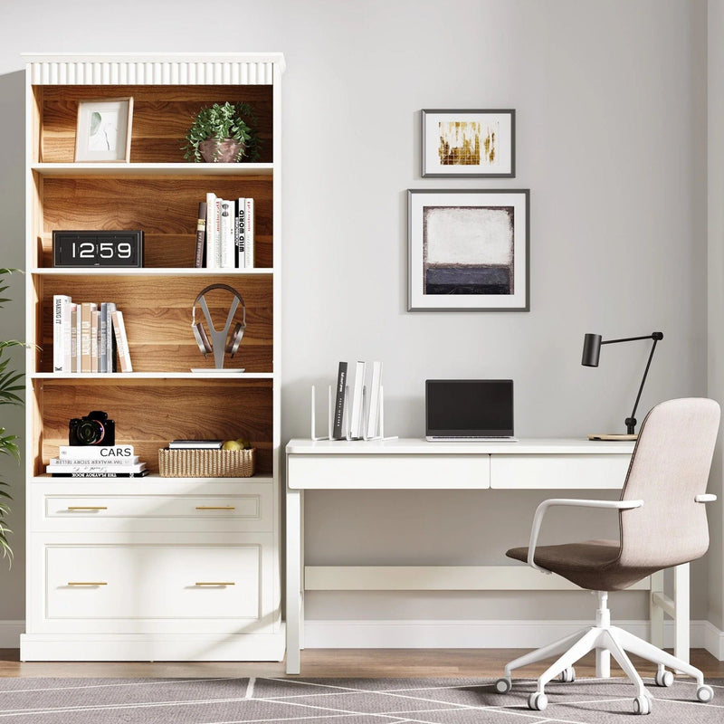 5 Tier White Bookcase With 2 Drawers Storage Organizer For Living Room - White by HouseOfZazla