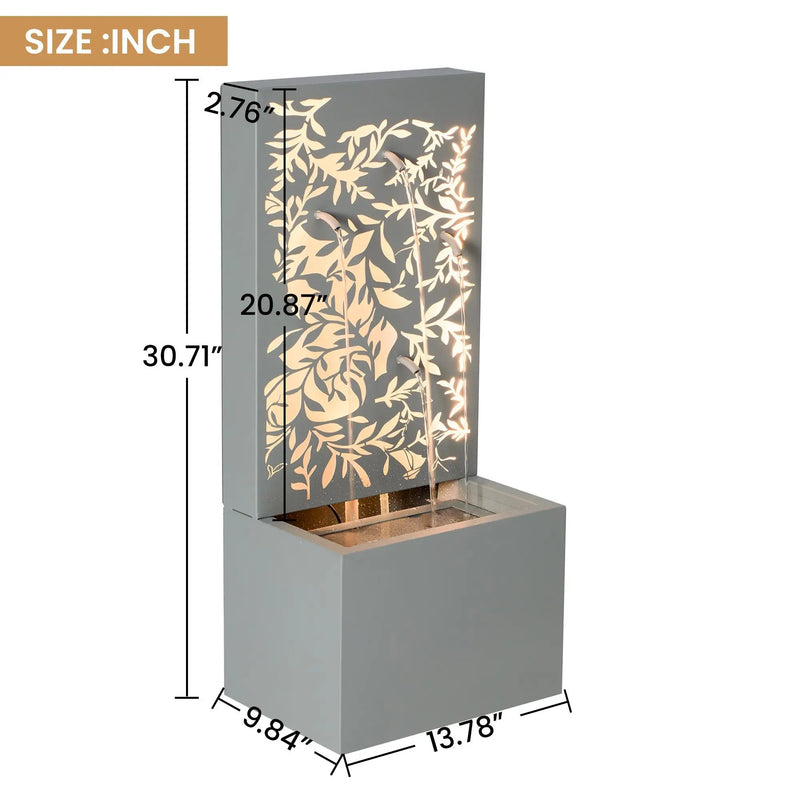 30.71' Light Gray Metal Leaf Cutout Outdoor Water Wall Fountain with LED Lights by HouseOfZazla
