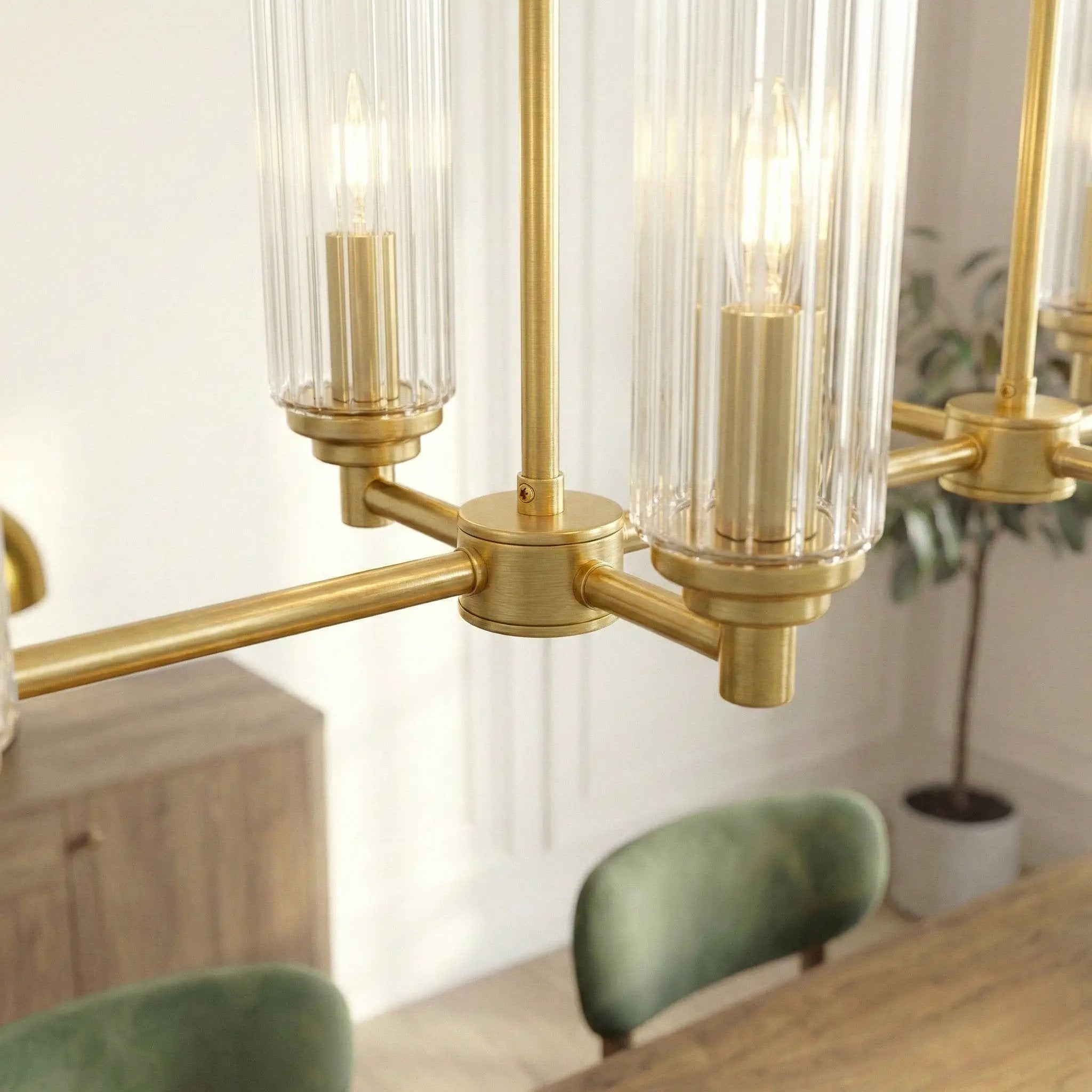Willow - 8 Lights Island With Clear Ribbed Pendant Lamp Satin - Antique Brass / Clear / Gold by Unique Piece Furniture