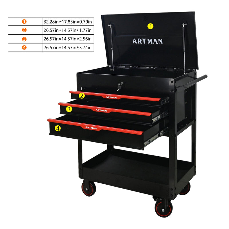 3 Drawers Multifunctional Tool Cart with Wheels and Steel Top - Black & Red by HouseOfZazla