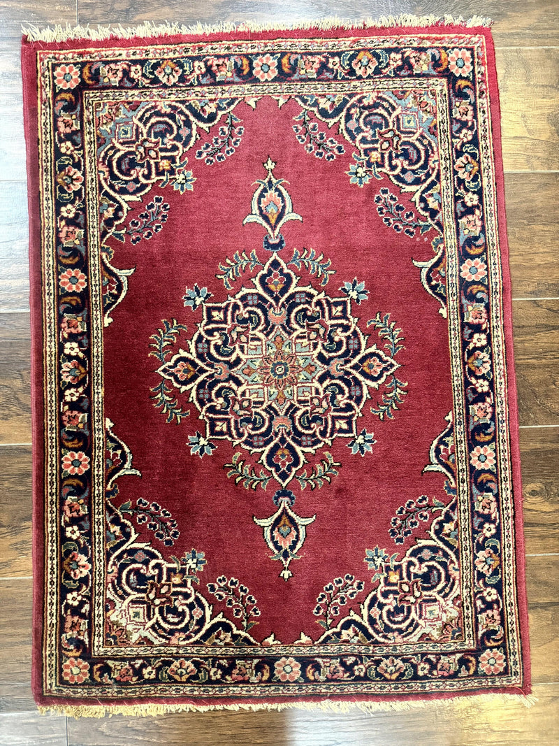 Small Persian Kashan Rug 2x3, Red and Navy Blue, Handmade Vintage Wool Semi Antique Persian Carpet, Semi Open Field, Pair B by Jewel Rugs