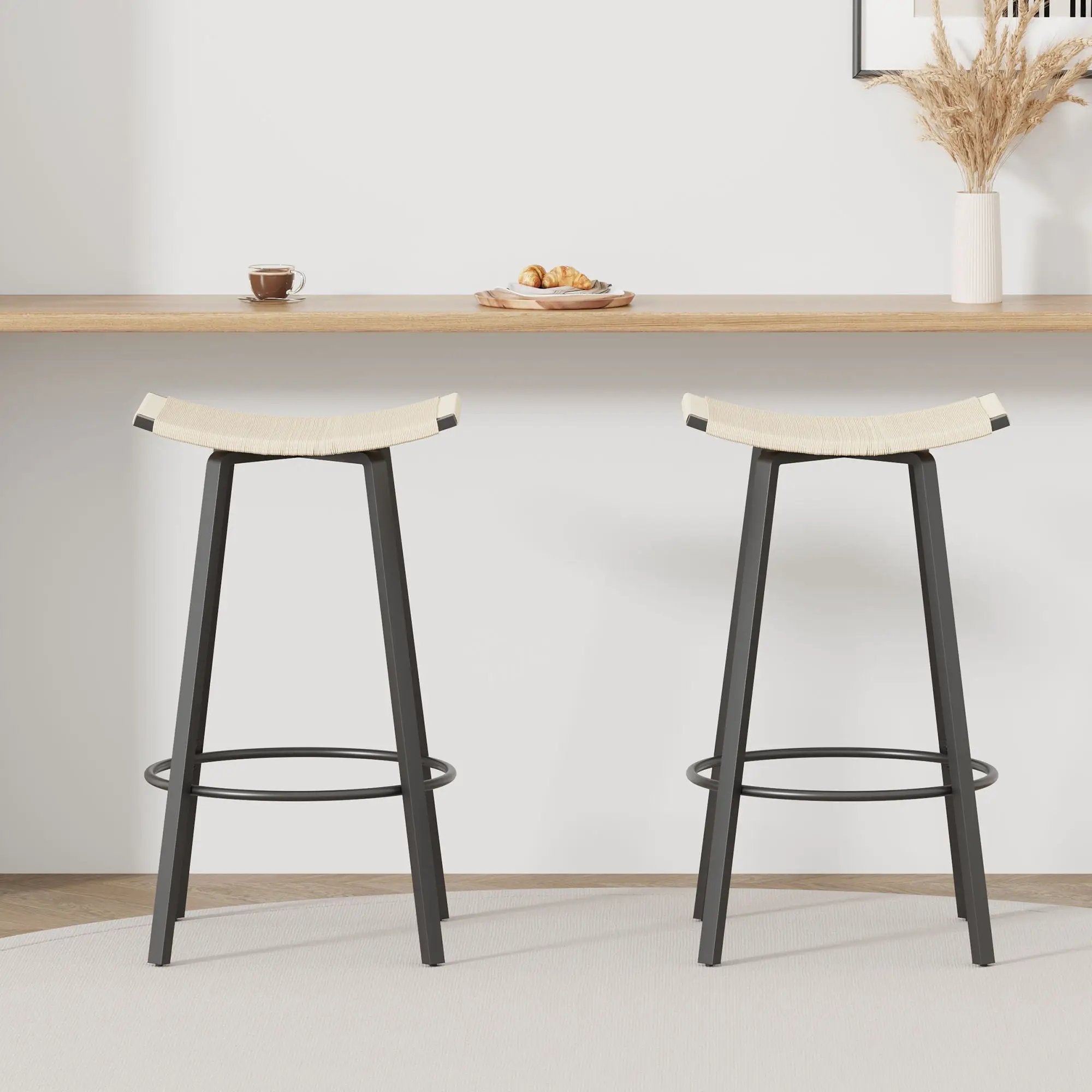 Counter Height Bar Stools Backless Handwoven Kitchen Dining Chairs With Round Footrest (Set of 2) Weaving Pub Stoo - Creamy White by HouseOfZazla