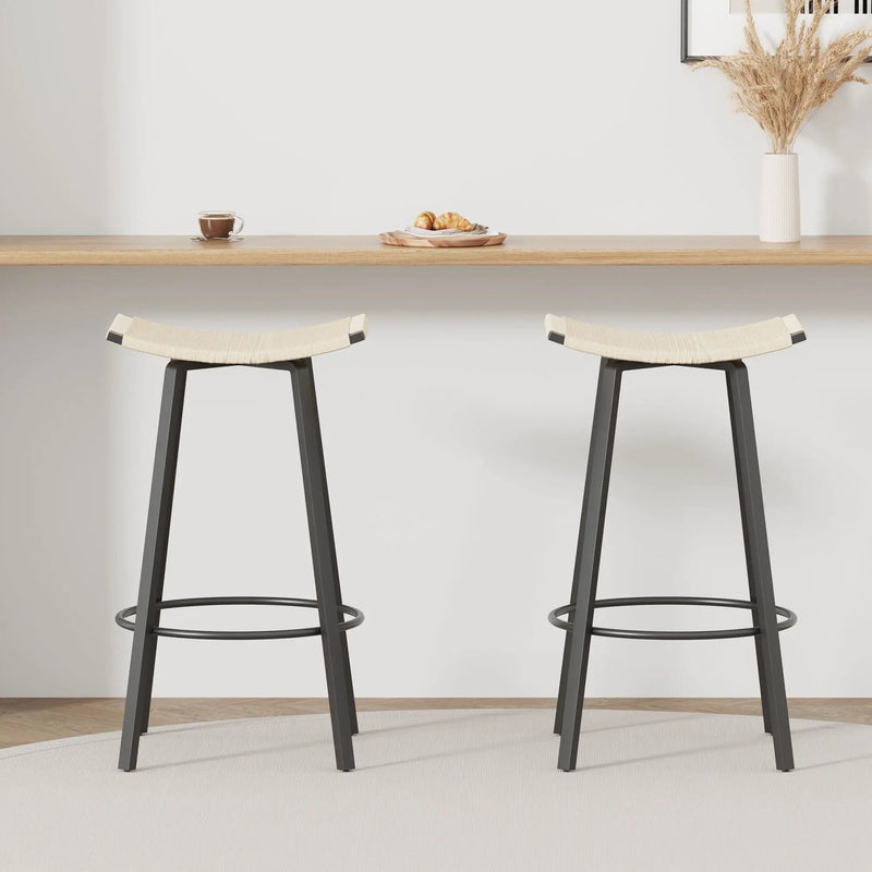 Counter Height Bar Stools Backless Handwoven Kitchen Dining Chairs With Round Footrest (Set of 2) Weaving Pub Stoo - Creamy White by HouseOfZazla