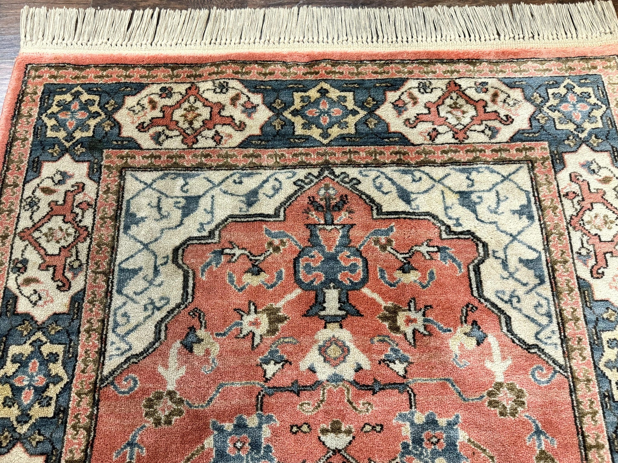 Karastan Rug 4x6 Bergama Design #737, Karastan Area Rug, Vintage Wool Karastan Carpet, Original Collection 700 Series, Salmon Red Light Blue by Jewel Rugs