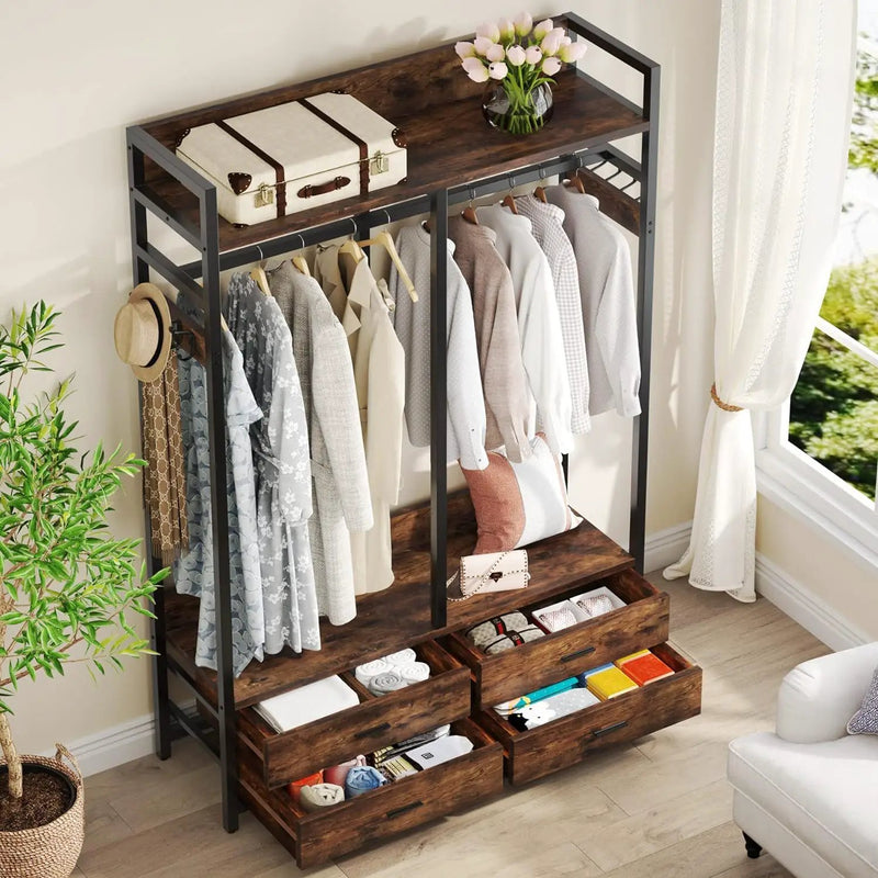 Freestanding Closet Organizer With 4 Drawers, 8 Hooks, Shelves, And Hanging Rod - Brown / Black by HouseOfZazla