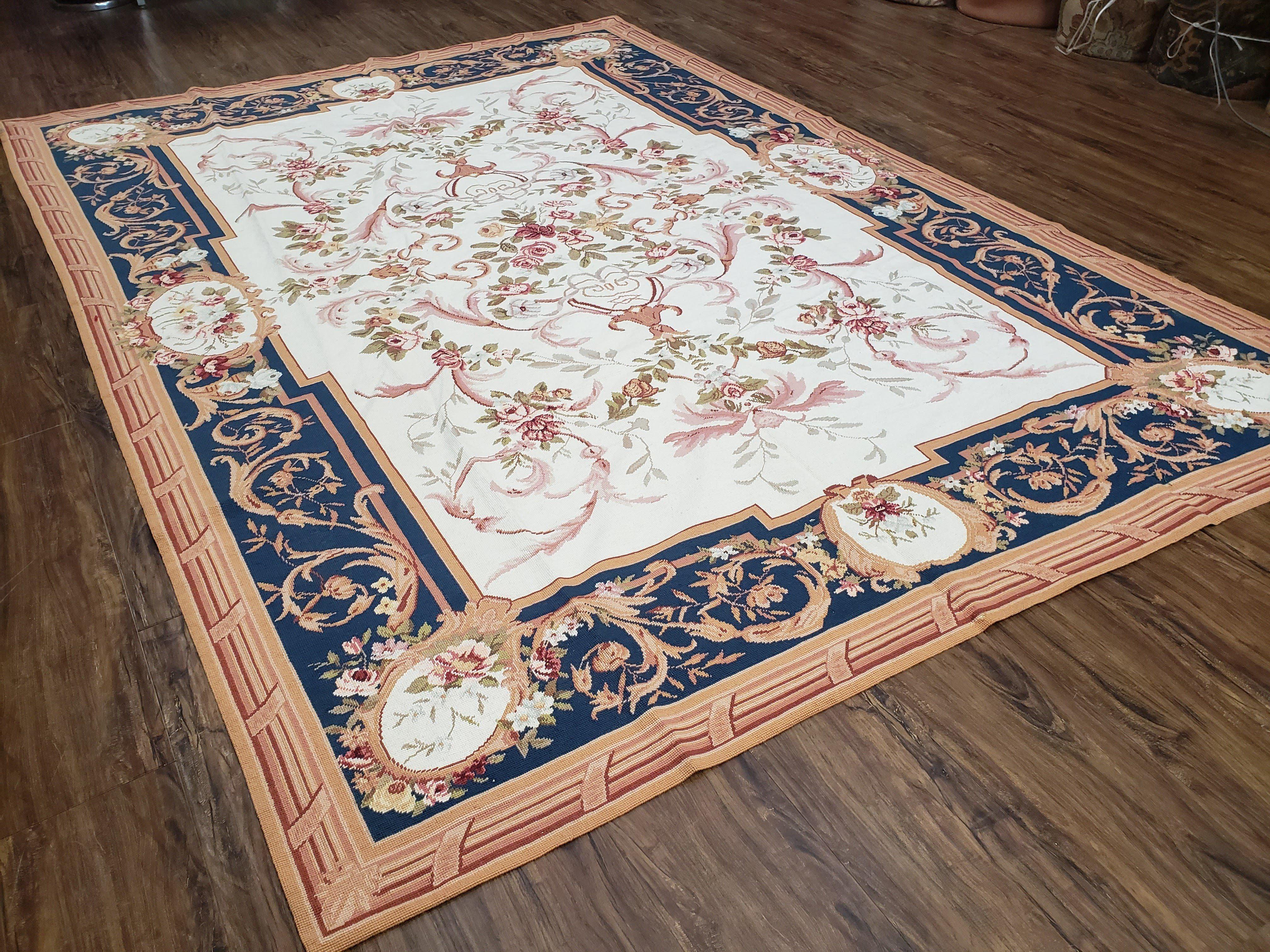Chinese Aubusson Savonnerie Area Rug 6x8, Vintage Hand-Woven Needlepoi
