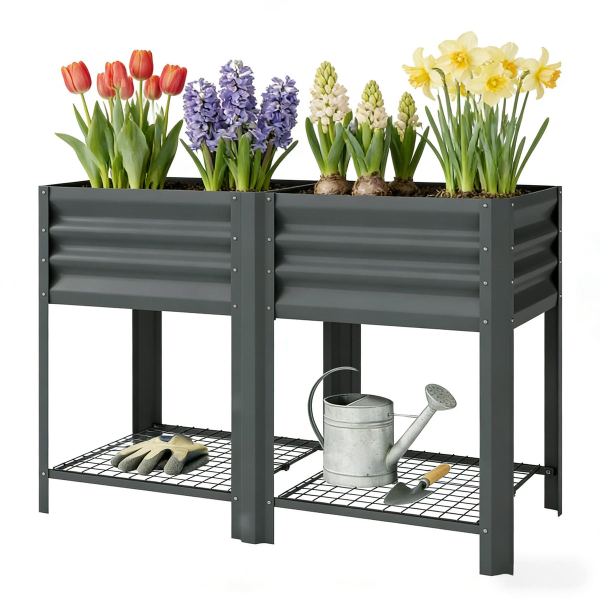 Elevated Steel Patio Planter Box with Bottom Shelf - Dark Gray, photo 7 of 9