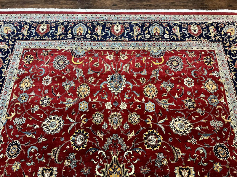 Pak Persian Rug 9x12, Red and Navy Blue, Floral Allover, Hand Knotted Vintage Wool Carpet, Fine 260 KPSI by Jewel Rugs