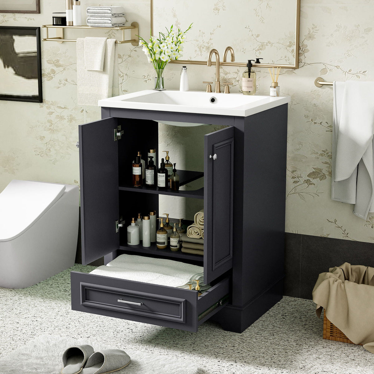 Bathroom Vanity With Ceramic Sink Combo, Modern Freestanding Storage Cabinet With Silver Handles, photo 21 of 28