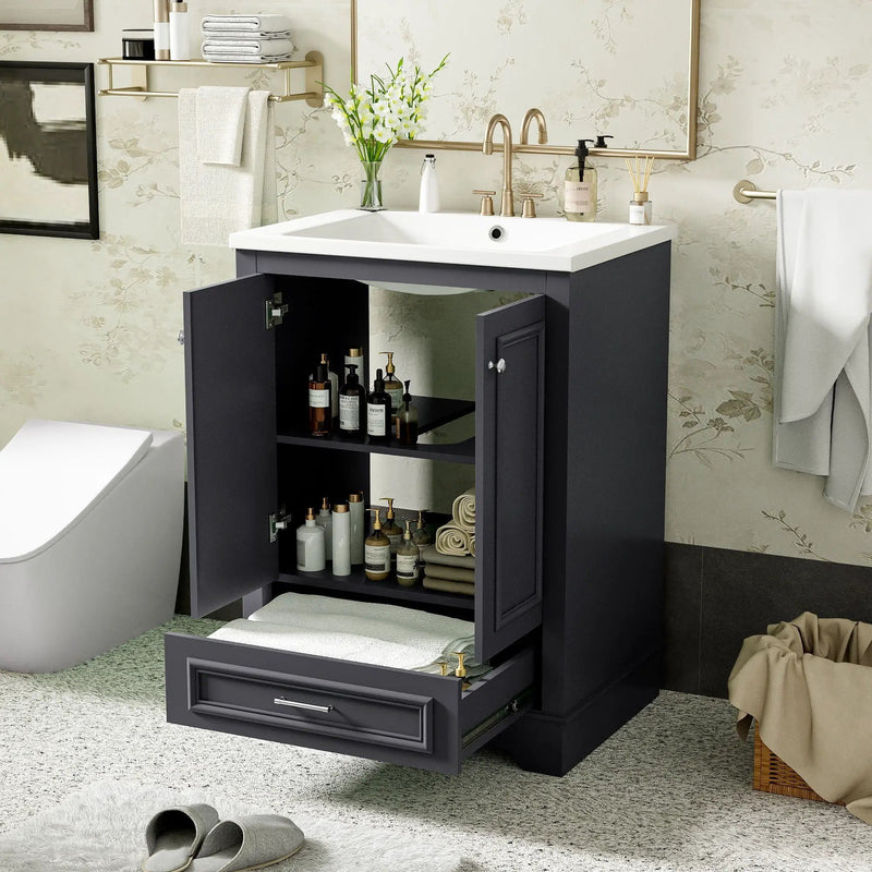 Bathroom Vanity With Ceramic Sink Combo, Modern Freestanding Storage Cabinet With Silver Handles by HouseOfZazla